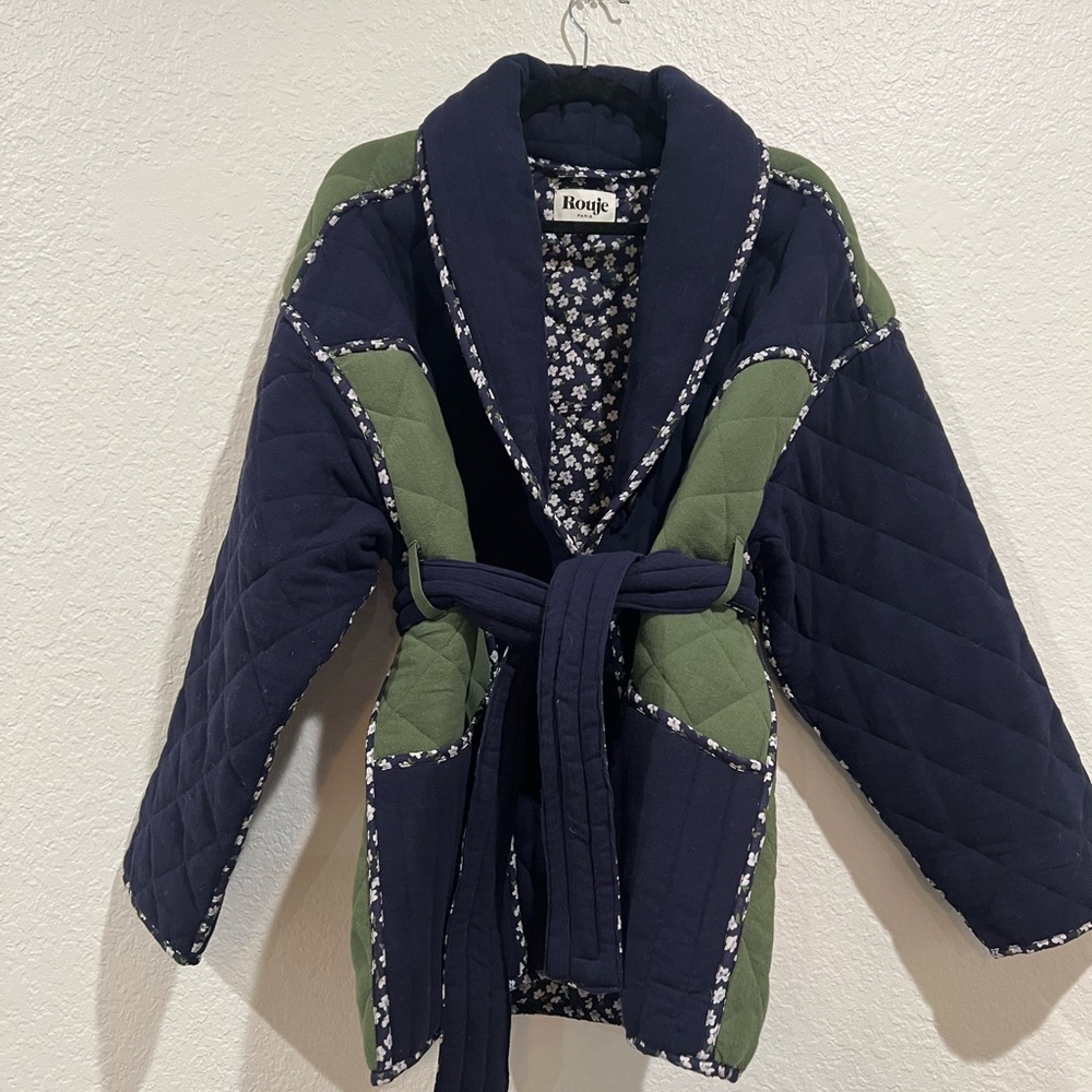 Rouje Quilted Navy and Olive Green Belted Jacket